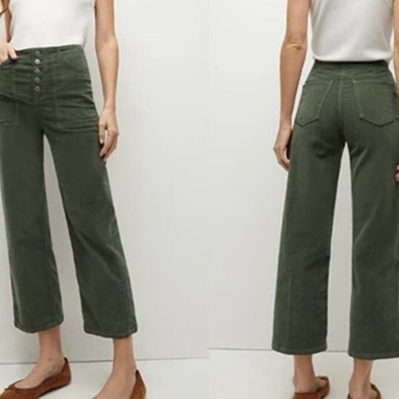NEW/ Veronica Beard Crosbie High Rise Crop Wide Leg Green Corduroy Pants.Size 26
